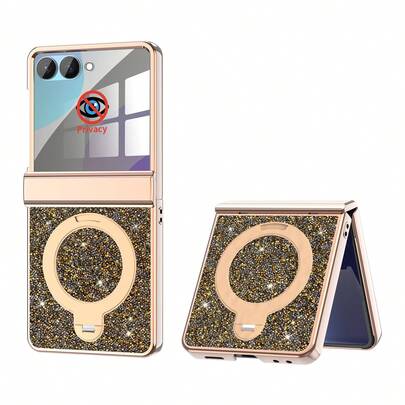 ALuoQ Luxury Shining Diamond Electroplated Fold Phone Case With Magnetic Spring Hinge Protection, Includes Anti-Peep Screen Protector, 360° Rotating Phone Stand, Supports Wireless Charging, Compatible With Samsung Z Flip 6 7 Full-Body Shockproof Protective Cover Spring Anniversary Gift