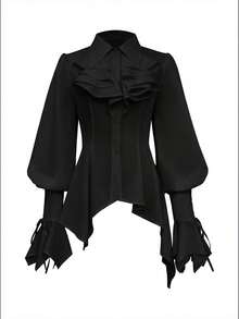 Blusa versátil de manga larga con cuello estilo Lolita gótico elegante para mujer, de tela tejida de unicolor con volantes/flecos, ajustable en la espalda, camisa de primavera/verano - Negro - Ver 6