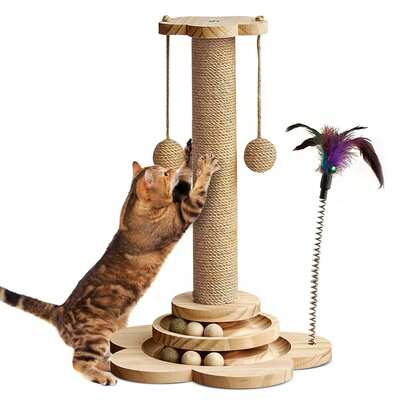 Sour Lemon 28*44.5cm Tall Cat Scratching Post, Cat Claw Scratcher Sisal Scratch Pole Heavy Base Modern Stable Design, Cats Tree Scratcher Kitten Scratch Post Play Track Ball For Kittens And Adult Cats