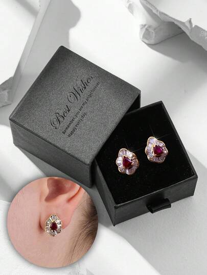 Gift Box French Retro Cubic Zirconia Ruby Teardrop Earrings, High-End Party & Banquet Jewelry For Women, Copper Material Non-Fading & Hypoallergenic, Ideal Holiday Gift