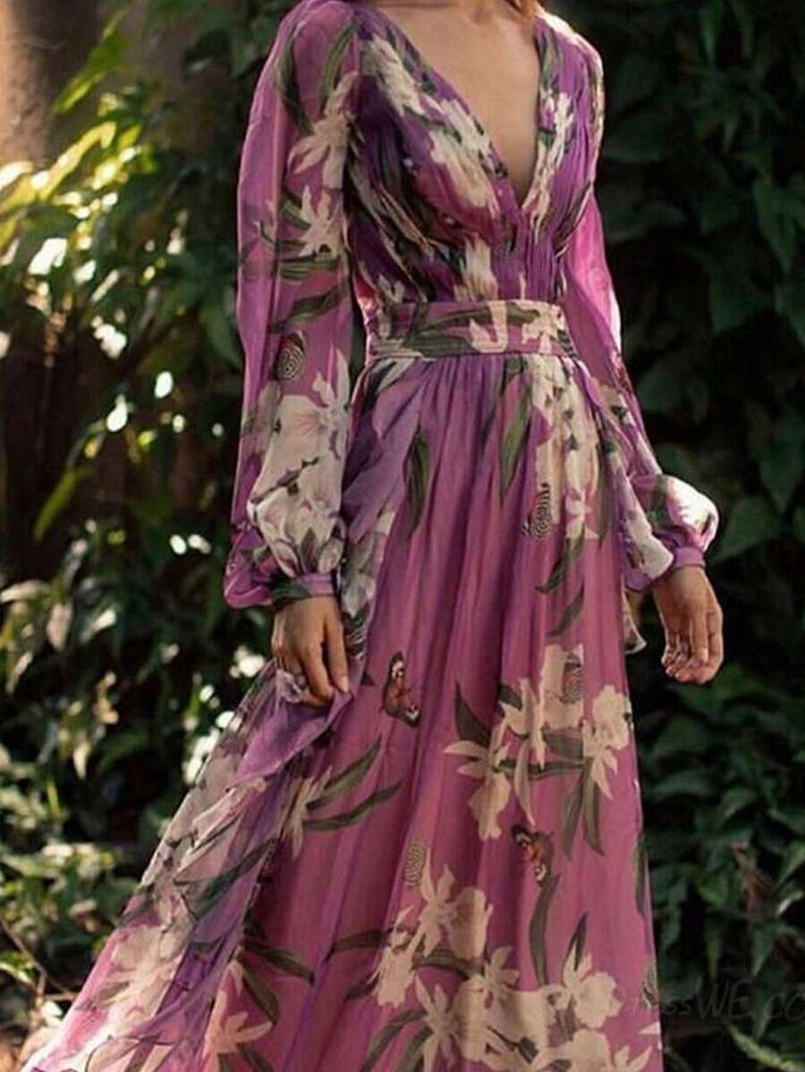 Vintage, Sophisticated, Chic, Tailored, Comfy, French, Feminine. Spring. Work, Street. Maxi Dress For Women, Boho Chic Style - Màu tím - Xem 1