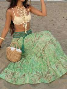 女士印花A字度假半身裙，时尚度假沙滩裙 - 綠色 - 查看 2