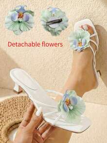 planare 新款女士3D绿色花朵装饰高跟凉鞋，优雅低跟高跟鞋，适合海滩、派对、约会和婚礼季，可搭配比基尼、连衣裙，夏季时尚优雅高跟凉鞋，新娘高跟鞋 - 白色加綠色花 - 查看 6