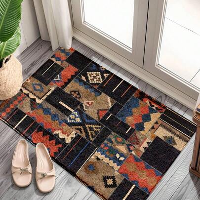 1pc Vintage Style Geometric Block Line Patchwork Pattern Printed Faux Wool TPR Bottom Doormat, Bathroom Mat, Kitchen Mat, Laundry Room Mat, Holiday Decor, Home Decor, Party Decor, Wedding Decor, Dining Decor