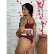 Conjunto Tricolor Top Sem Bojo + Calcinha Fio Forro de Algodão Moda Feminina Academia Verão - Vinho - Visão 2
