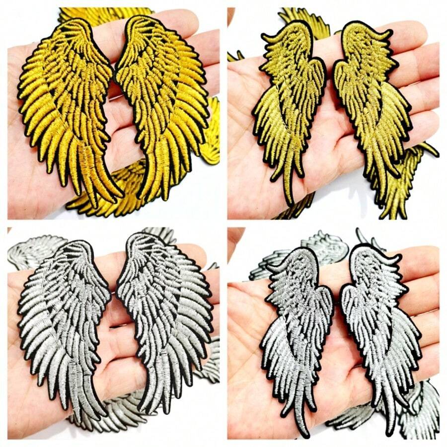 10pcs/5sets Of Golden/Silvery Gray Wings Embroidery Patches, Suitable For Ironing Patches On Fashionable Clothing Hats - A - View 1