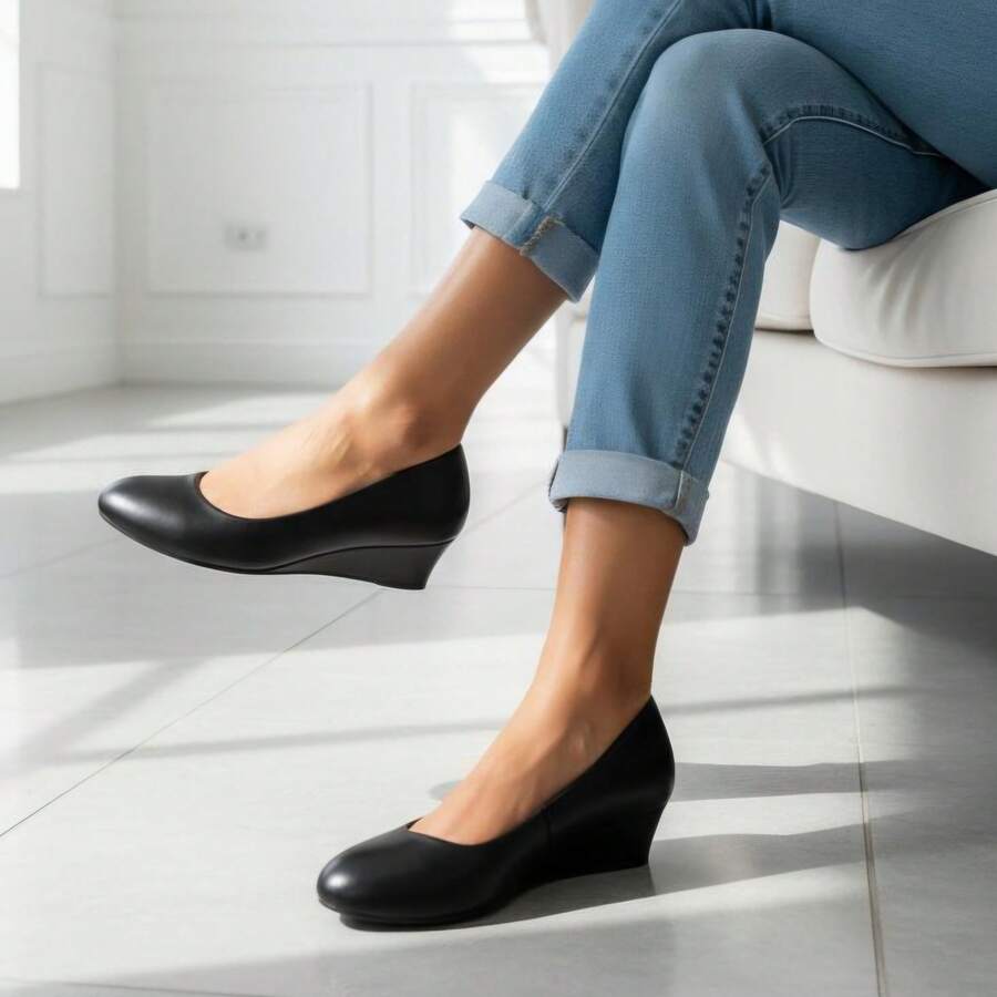 时尚休闲百搭简约坡跟女鞋 - 黑色 - 查看 1