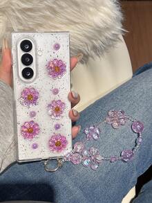 1件手工树脂紫色水晶花朵手链，手机壳兼容三星Galaxy Z Fold 7、Z Fold 6、Z Fold 5、Z Fold 4、Z、Z FE、Z Flip6、Z Flip5智能手机，返校季必备 - 彩色 - 查看 3