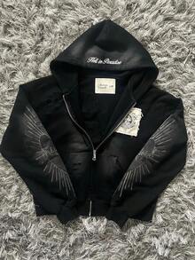 Zipper Hoodie With Patch Pattern And Wing | Street Hooded Sweatshirt, Casual Couple Outfit, Fashion Urban Style, Distressed Design Long Sleeve Jacket, Hip Hop Clothing, Suitable For Daily Wear, Autumn Winter Top - 黑色 - 查看 1