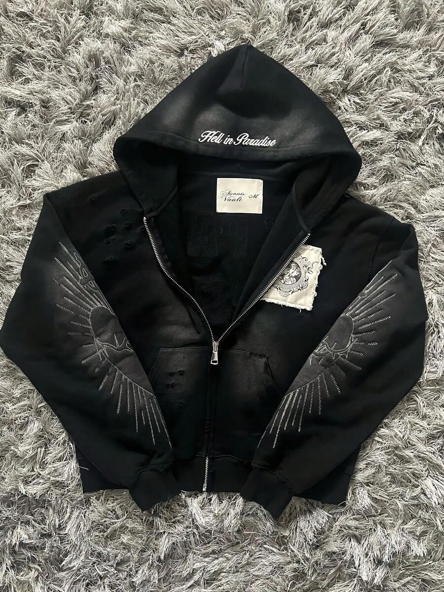 Zipper Hoodie With Patch Pattern And Wing | Street Hooded Sweatshirt, Casual Couple Outfit, Fashion Urban Style, Distressed Design Long Sleeve Jacket, Hip Hop Clothing, Suitable For Daily Wear, Autumn Winter Top - 黑色 - 查看 1