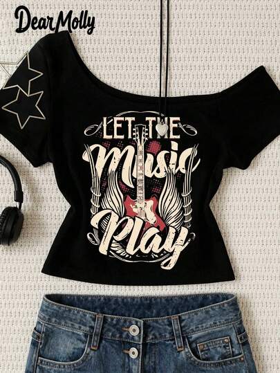 DEAR MOLLY 女士卡通电吉他字母印花 Y2K 露脐不对称肩短袖T恤，性感露脐上衣，音乐节派对礼物，四季皆宜
