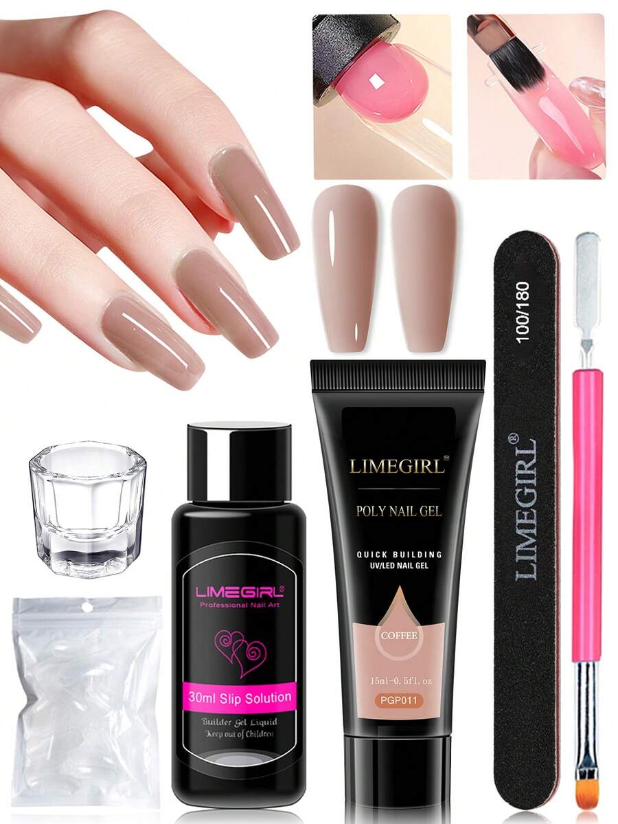 LIMEGIRL Lime Girl Solid Color Extension Gel Manicure Set, Includes Solid Color Extension Gel, Double-Ended Brush, Buffing Block, Cleaning Supplies, Crystal Nail File And Ruler, Suitable For Beginners, Great For Practice