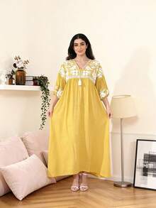 2026 New Style Ramadan Traditional Elegant Floral Embroidered Tassel Shoulder Sleeve Arabic Dress - Ginger - View 6
