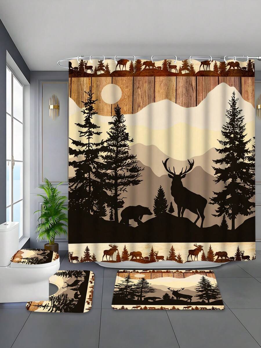 1/4 Pcs Waterproof Forest Animal Shower Curtain Set, Thick Polyester Waterproof Anti-Mildew Bathroom Curtain Set With 12 Hooks, Non-Slip Mat, U-Shaped Mat And Round Toilet Lid Cover - Comprehensive Bathroom Set - A - View 1