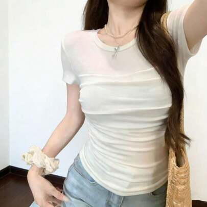 Sheer Mesh Patchwork Ruffle Short Sleeve T-Shirt, Sexy Minimalist Casual Fitted Cropped Top For Women In Summer