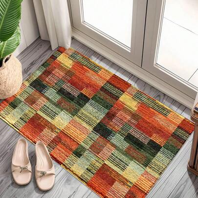 1pc Retro Style Colorful Geometric Plaid, Vintage Floral Pattern Printed Faux Wool TPR Bottom Doormat, Bathroom Mat, Kitchen Mat, Laundry Room Mat, Holiday Atmosphere Decor, Home Decor, Party Decor, Wedding Decor, Dining Decor