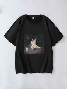 大码女款趣味吸烟猫印花Y2K街头风黑色T恤，休闲夏季款 - 黑色 - 查看 3