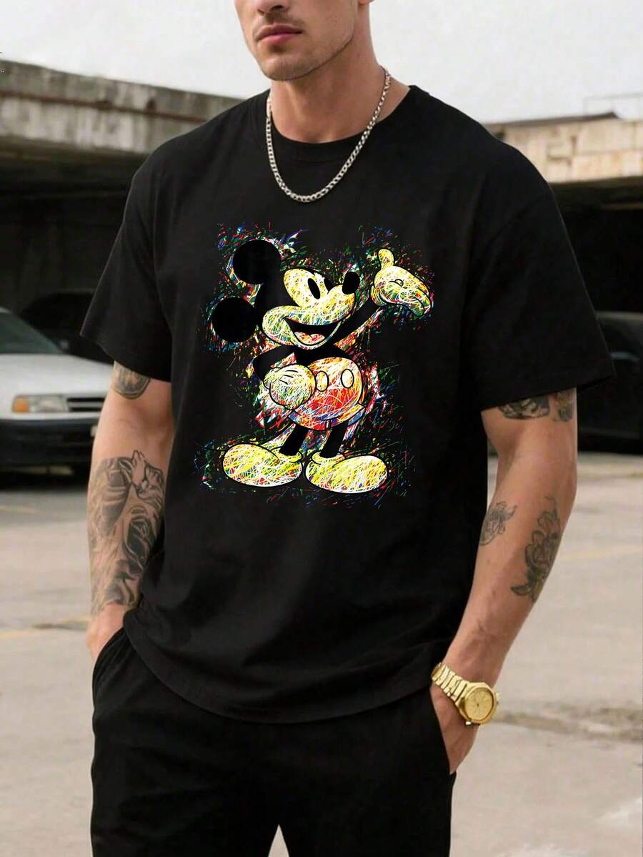 Men's Disney Casual T-Shirt, Mickey Mouse Colorful Graffiti Print, Vibrant Art Design, Comfortable Soft Fabric, Perfect For Art & Disney Fans - màu đen - Xem 1