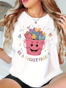 1pc Women'S Fashion Short Sleeve T-Shirt With Creative Bucket Heart And Star Print, Casual Crew Neck Cotton Top With Medium Stretch, Geometric Pattern Knit Fabric For All Seasons - 白色 - 查看 1
