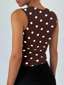 SDNGED2026 Women's Solid Color Double-Layer Ruffle Square Neck Camisole, Polka Dot Print, Versatile, Spring/Summer Casual - Polka Dot Brown - View 9