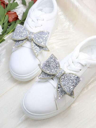 2pcs Detachable DIY Bow Tie Shoe Clips In Black, Silver, Gold, Champagne, Apricot, Red With Sequins And Rhinestones, Fashionable Elegant High-End Accessories For Black, Silver, Red High Heels, Shoes, Wedding Shoes, Office Business Heels