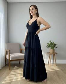 Women's Duna Ruffled Maxi Dress With Built-In Bra - Elegance, Lightness And Perfect Drape. - Negro - Ver 7