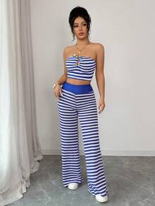 Women's Blue Striped Elegant Casual Sexy Strapless Bandeau Notch Neck Crop Top High Waisted Wide Leg Pants Two Pieces Set Summer Spring Beach Vacation Spring Break Co-Ord Sets - Blue - View 6