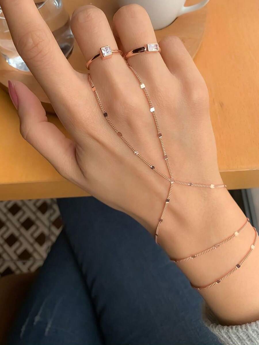 Hand Chain Bracelets For Women - 14K Plated Dainty Stackable Paperclip Link Bracelets Hand Chain Bracelet Ring Gold Bracelets For Women - Gold - View 1