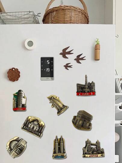 1 قطعة ملصق مغناطيسي ديكور معماري ثلاثي الأبعاد، نمط مبنى مدينة بطراز رجعي، مغناطيس ثلاجة معدني، ديكور ثلاجة معلم سياحي