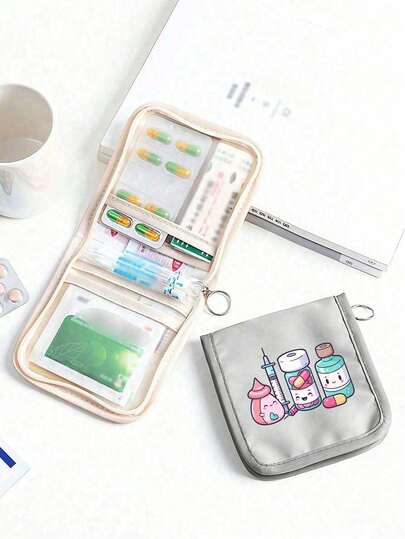1pc Portable Medicine Bag, Cute Storage Bag With Cartoon Pill & Syringe,Compact Pill Organizer & First - Pouch,Portable Medical Kit,Travel - Friendly Medication Storage For Daily/Outdoor/Travel/Dorm, Essential For Health - Conscious & On - The - Go Users