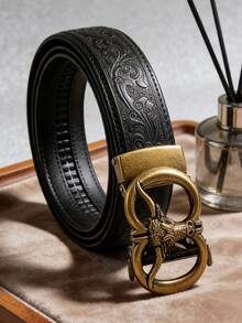 男士时尚重金属合金自动扣皮带，牛头图案皮带扣，高品质PU皮革，压印凤凰尾纹图案，适合日常佩戴，朋克休闲风，理想礼物 - 彩色 - 查看 1