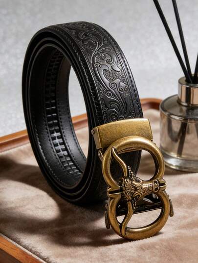 男士时尚重金属合金自动扣皮带，牛头图案皮带扣，高品质PU皮革，压印凤凰尾纹图案，适合日常佩戴，朋克休闲风，理想礼物