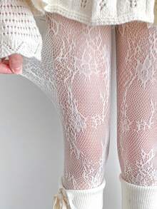 1pc French Retro Rose Floral Lace Jacquard Fishnet Stockings, Fashionable Sexy Elegant Women Fatale Style, Suitable For Festivals, Parties, Galas - White - View 2