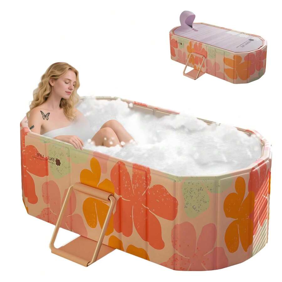Bañera rosa independiente integrada con tapa, bañera plegable portátil para adultos, fácilmente plegable sin necesidad de inflarla, adecuada para viajes y espacios reducidos.