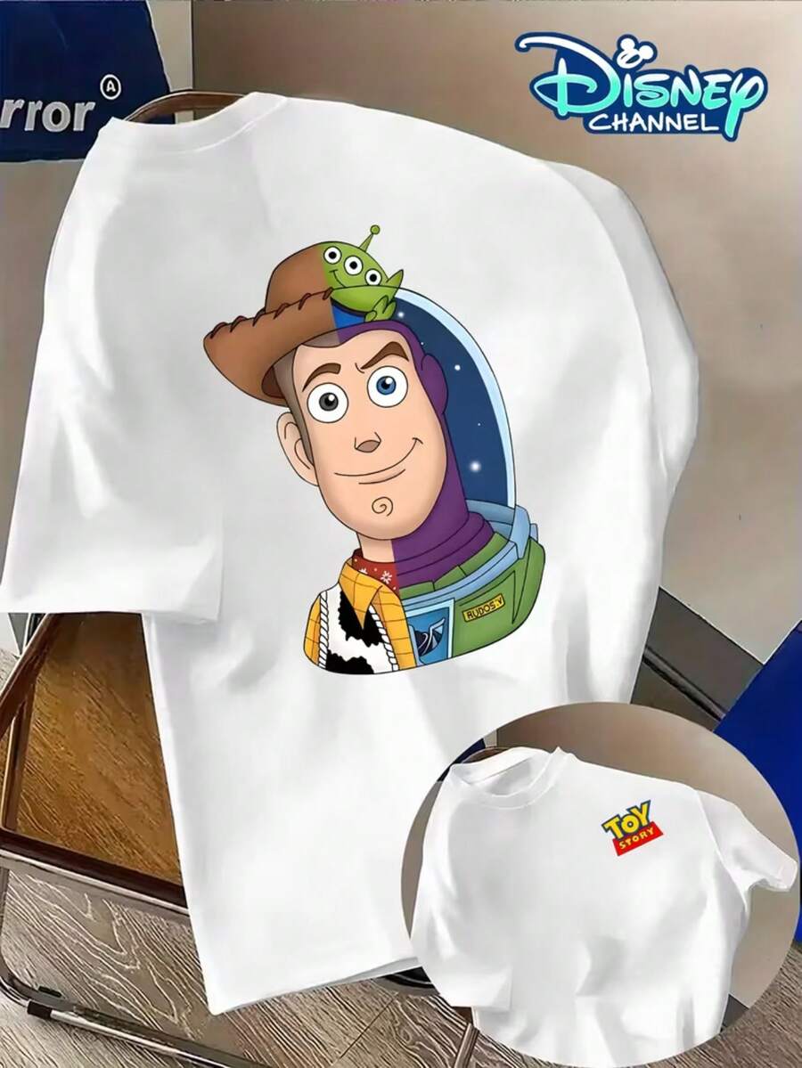 Authorized By Disney, Toy Story Woody Printed Men's T-Shirt With Round Neck And Short Sleeves, T-Shirt With Round Neck And Leisure Comfort, Breathable And Light, Fashionable Street Clothes, Men's Casual Tops, Boys' And Girls' Clothes, Perfect Gifts For Disney Fans. - 白色 - 查看 1