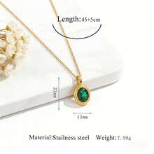 Retro Oval Green Crystal Pendant Necklace | Stainless Steel Gold Tone Waterproof Tarnish Resistant Jewelry For Women - Gold - View 7