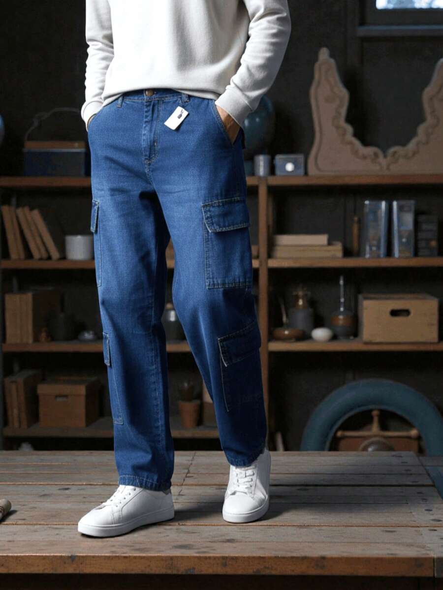 Men's Blue Cargo Jeans, Without Elastane, Long And Loose Fit. - 2601-2 - 查看 1