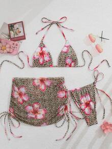Women's Vacation Beach Leopard Floral Print Halter Bikini Set With Coverup And Skirt, 3-Piece Set Summer - Light Brown - View 3