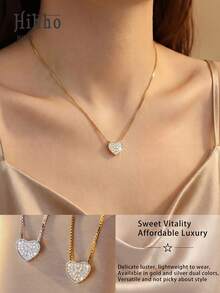 Hihho 1件双色立方氧化锆心形项链，甜美活力奢华风格，心形设计，镶嵌满钻，搭配精致链条，适合日常通勤、约会、度假和甜美装扮。 - 愛心 - 查看 1