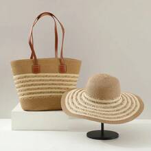 Conjunto de bolso y sombrero tejido de paja de gran capacidad, sombrilla de viaje al aire libre, bolso de mano adelgazante con ala grande, estilo de bolso de cubo a la moda - Caqui de cinco granos - Ver 9