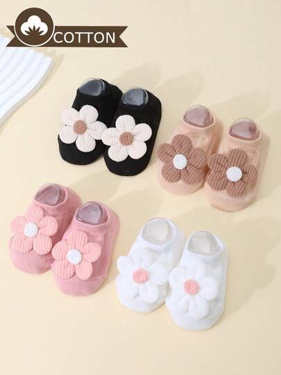 4 pares de calcetines lindos con decoración floral para bebés/niños pequeños, calcetines de tobillo de unicolor con suela antideslizante, versátiles para todas las estaciones