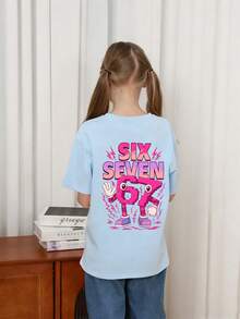 Camiseta rosa con estampado de dígitos coloridos "SEIS SIETE" 6 7 de dibujos animados para niña preadolescente, adecuada para uso diario, estilo callejero, eventos, y como top de verano casual y versátil - Celeste - Ver 4