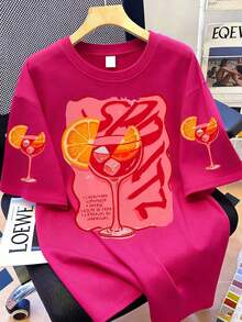 夏季女士休闲圆领短袖T恤，返校季 - 玫紅色 - 查看 1