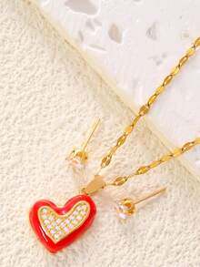 1 Set de collar y aretes con corazón de cobre y circonita esmaltada, opción de regalo elegante para ir al trabajo y citas - DM06701 - Ver 3
