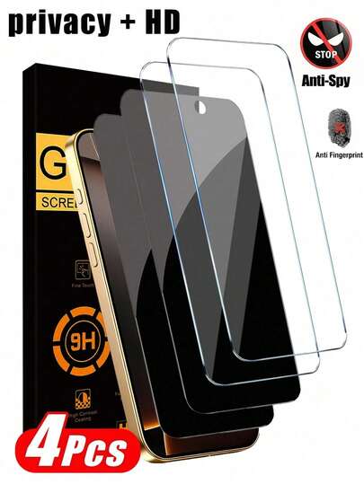 四合一隐私钢化玻璃屏幕保护膜，兼容 17 Pro Max - 2 片隐私钢化玻璃屏幕保护膜 + 2 片高清钢化玻璃屏幕保护膜，双重防爆 [玻璃] [9H 硬度] [兼容手机壳] 防刮花，兼容 16 Pro Max、15 Pro Max、14、13、12、11 Pro Max 屏幕保护膜，情人节必备礼物，日常使用也适用。