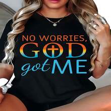 Women's Plus Size Faith T-Shirt "No Worries, God Got Me" - Black With Multicolor Gradient Lettering, Short SL-Eeve Round Neck Casual Top, Inspirational Verse Outfit, M-AChine Washable Comfortable Casual Attire - Màu Đỏ Sâu - Xem 1