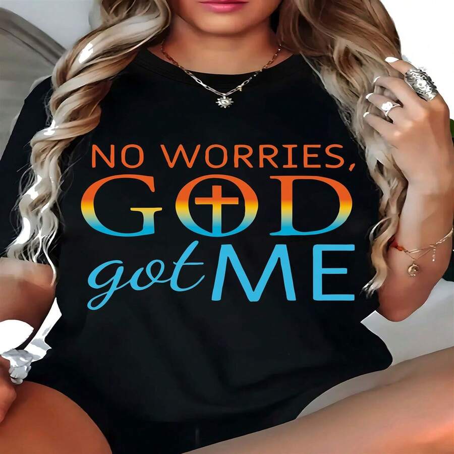 Women's Plus Size Faith T-Shirt "No Worries, God Got Me" - Black With Multicolor Gradient Lettering, Short SL-Eeve Round Neck Casual Top, Inspirational Verse Outfit, M-AChine Washable Comfortable Casual Attire - Màu Đỏ Sâu - Xem 1