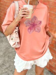 Camiseta de manga corta con cuello redondo y estampado naranja informal para niñas, top de verano para adolescentes/estudiantes - Naranja - Ver 8