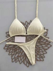 2pcs Casual Bohemian Leopard Print Heart Tie-Up Braided Bikini Swimsuit, Elegant & Sexy For Beach Vacation, Spring/Summer - Yellow - View 3