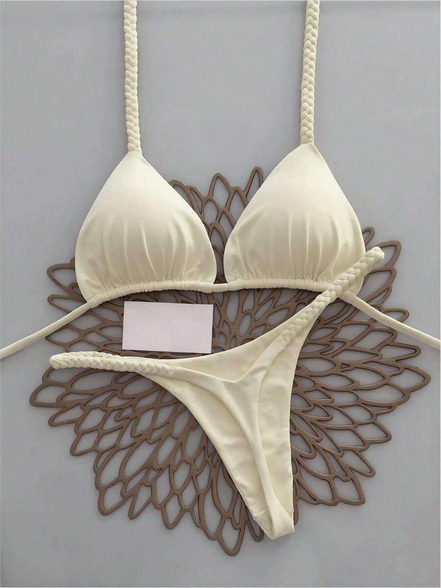 两件套休闲波西米亚豹纹爱心系带编织比基尼泳衣，优雅性感，适合海滩度假，春夏皆宜 - 黃色 - 查看 1